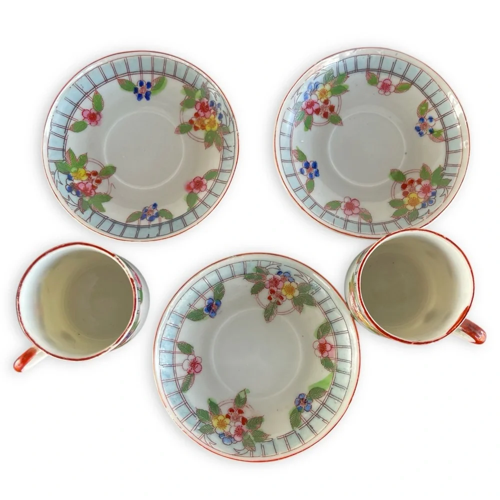 Post War Floral Patterned Porcelain Demitasse Teacup Saucer 5pc. Set